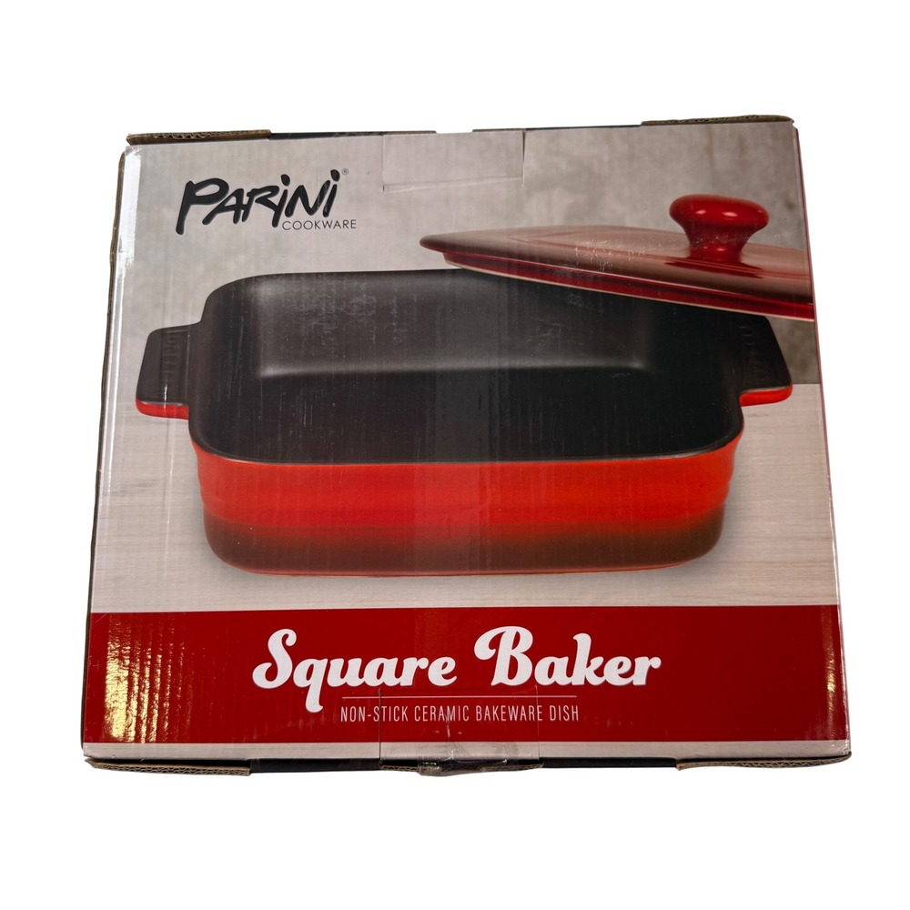 Parini Square Baker Non-Stick Ceramic Bakeware Dish with Lid Red New